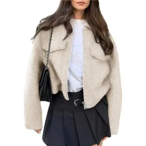 Women's Wool Coat Lapel Zip Up Bomber Jacket Apricot
