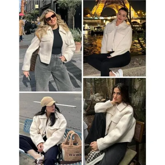 Women's Wool Coat Lapel Zip Up Bomber Jacket Apricot