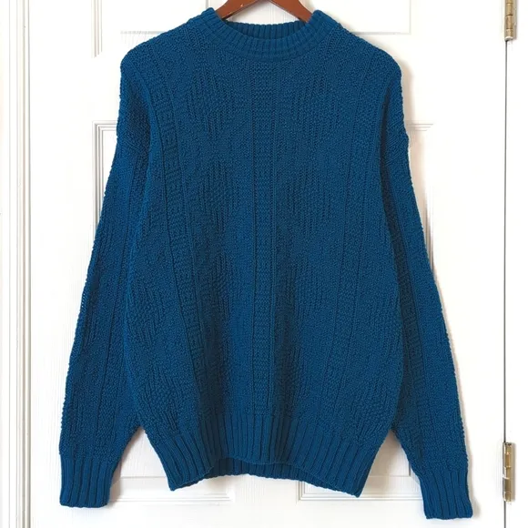 Woolrich 80's Vintage Classic Jacquard Knit Crewneck Sweater Blue Willow Medium