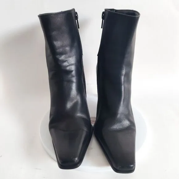 Y2k Gianni Bini Leather Black Mid-Calf Boots Stacked Heel 6.5 Pointed Snip Toe