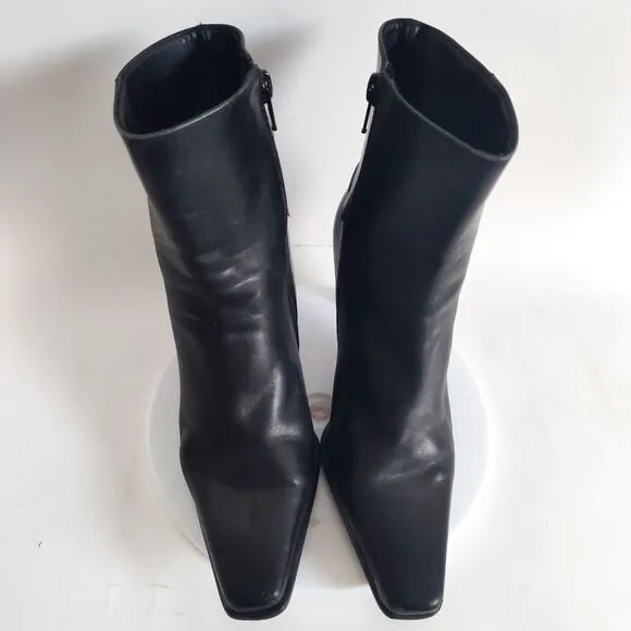 Y2k Gianni Bini Leather Black Mid-Calf Boots Stacked Heel 6.5 Pointed Snip Toe