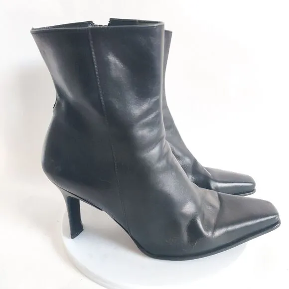 Y2k Gianni Bini Leather Black Mid-Calf Boots Stacked Heel 6.5 Pointed Snip Toe