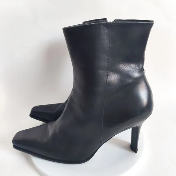 Y2k Gianni Bini Leather Black Mid-Calf Boots Stacked Heel 6.5 Pointed Snip Toe