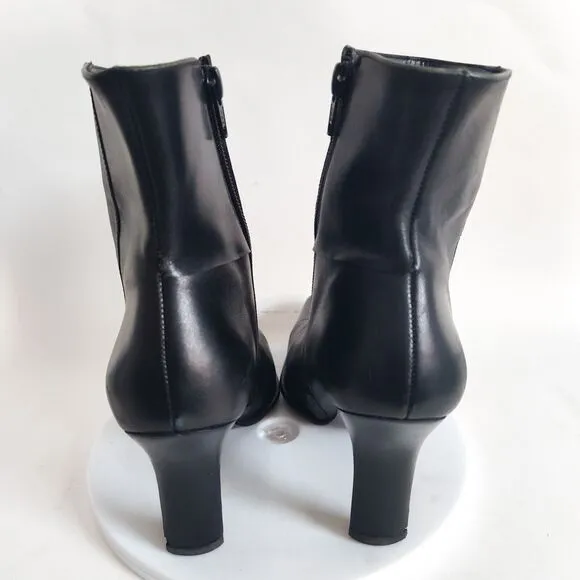 Y2k Gianni Bini Leather Black Mid-Calf Boots Stacked Heel 6.5 Pointed Snip Toe