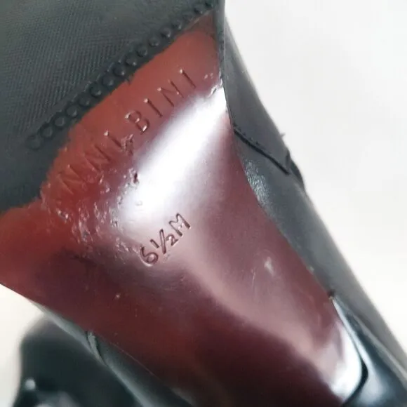 Y2k Gianni Bini Leather Black Mid-Calf Boots Stacked Heel 6.5 Pointed Snip Toe