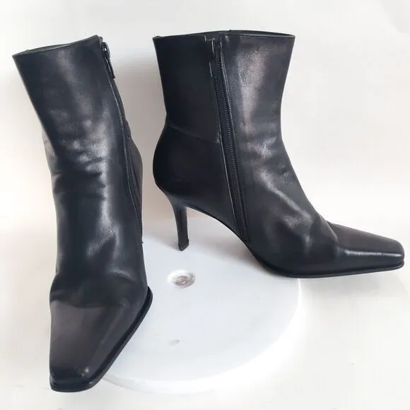 Y2k Gianni Bini Leather Black Mid-Calf Boots Stacked Heel 6.5 Pointed Snip Toe