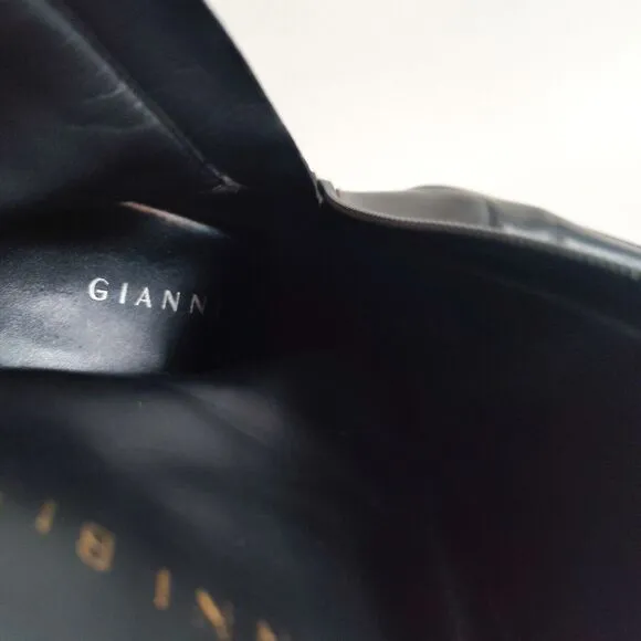 Y2k Gianni Bini Leather Black Mid-Calf Boots Stacked Heel 6.5 Pointed Snip Toe