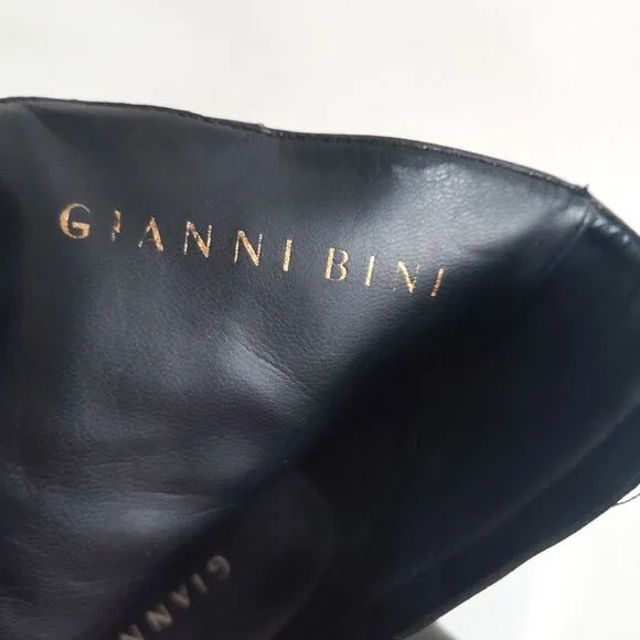 Y2k Gianni Bini Leather Black Mid-Calf Boots Stacked Heel 6.5 Pointed Snip Toe