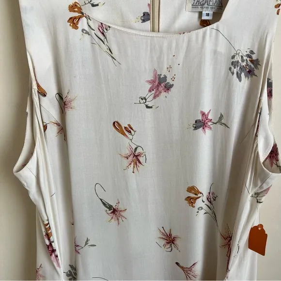 Yasaman Vintage Floral Sleeveless Tie-Waist Midi Dress White Sz 18