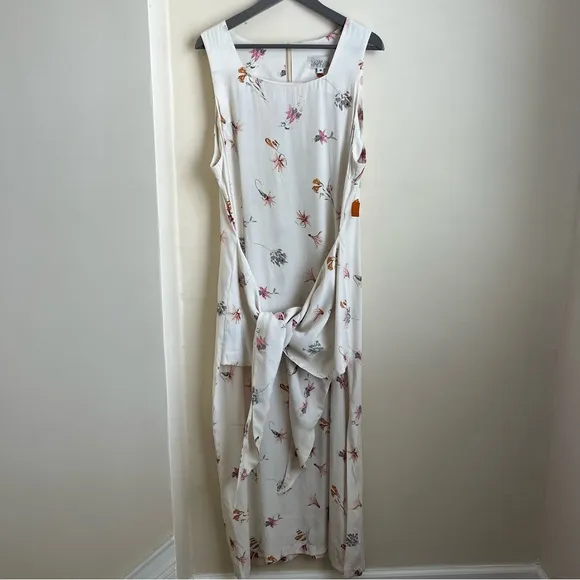 Yasaman Vintage Floral Sleeveless Tie-Waist Midi Dress White Sz 18