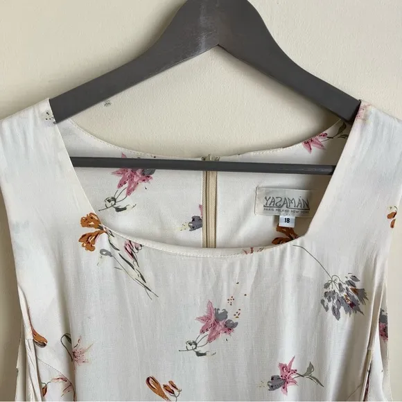 Yasaman Vintage Floral Sleeveless Tie-Waist Midi Dress White Sz 18