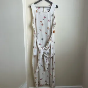 Yasaman Vintage Floral Sleeveless Tie-Waist Midi Dress White Sz 18