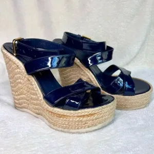 Yves Saint Laurent Paris Womens Pacific Blue Patent Leather Wedge Sandals Sz 38