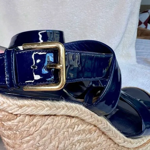 Yves Saint Laurent Paris Womens Pacific Blue Patent Leather Wedge Sandals Sz 38