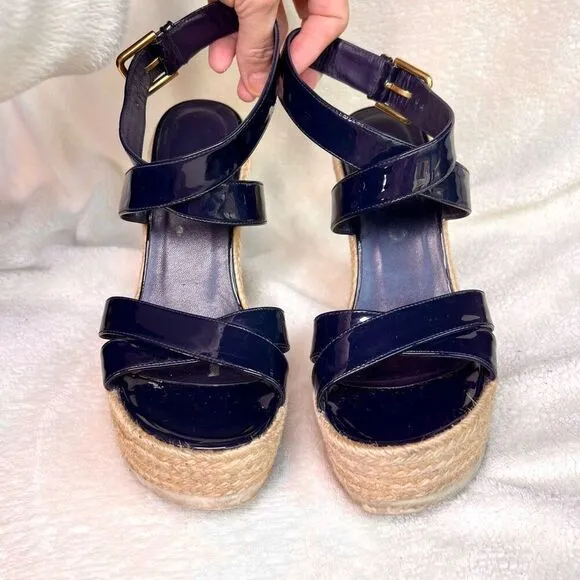 Yves Saint Laurent Paris Womens Pacific Blue Patent Leather Wedge Sandals Sz 38