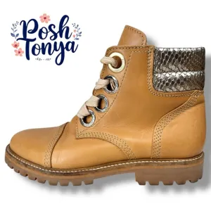 Zadig &amp; Voltaire Joe Low Tan Combat Boots Leather Lace Up Metallic Snake, Sz 7