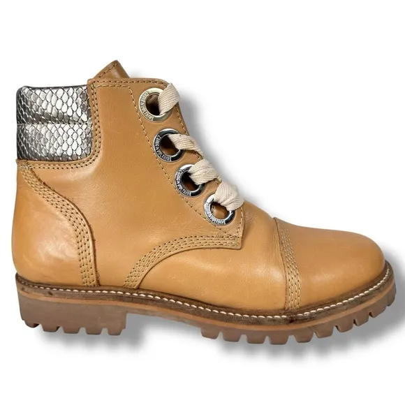 Zadig &amp; Voltaire Joe Low Tan Combat Boots Leather Lace Up Metallic Snake, Sz 7