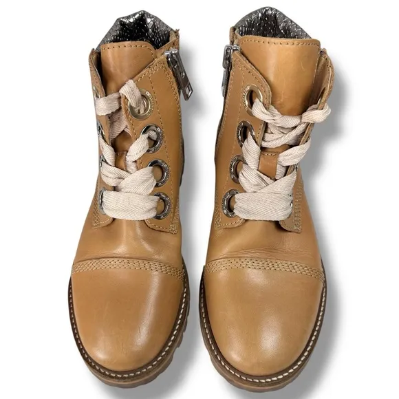 Zadig &amp; Voltaire Joe Low Tan Combat Boots Leather Lace Up Metallic Snake, Sz 7