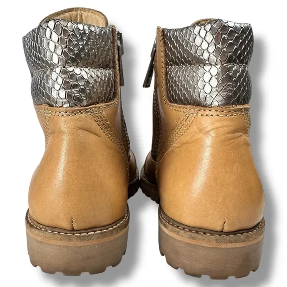 Zadig &amp; Voltaire Joe Low Tan Combat Boots Leather Lace Up Metallic Snake, Sz 7