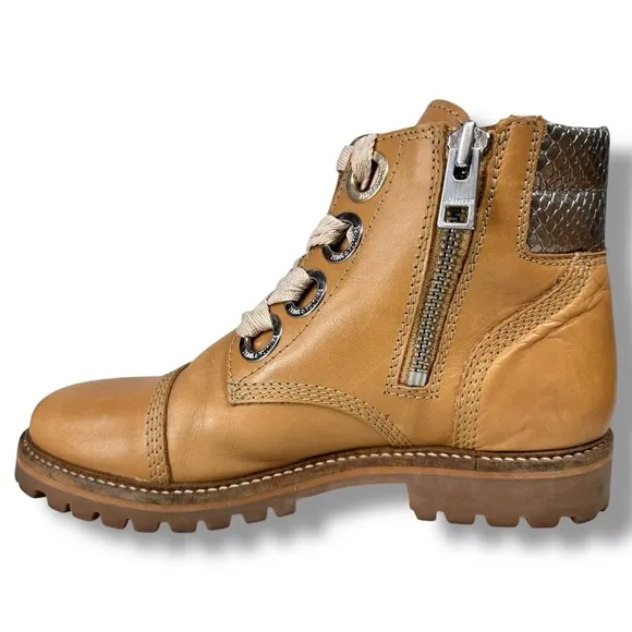 Zadig &amp; Voltaire Joe Low Tan Combat Boots Leather Lace Up Metallic Snake, Sz 7