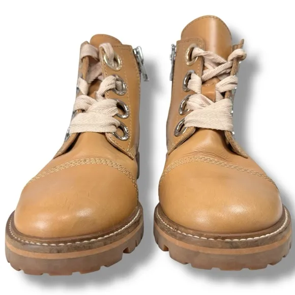 Zadig &amp; Voltaire Joe Low Tan Combat Boots Leather Lace Up Metallic Snake, Sz 7