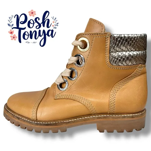 Zadig &amp; Voltaire Joe Low Tan Combat Boots Leather Lace Up Metallic Snake, Sz 7