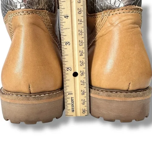 Zadig &amp; Voltaire Joe Low Tan Combat Boots Leather Lace Up Metallic Snake, Sz 7