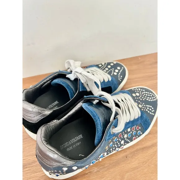 Zadig&amp;Voltaire Suede Leather Studded Jungle Clous Sneakers Blue Womens Sz 37/7