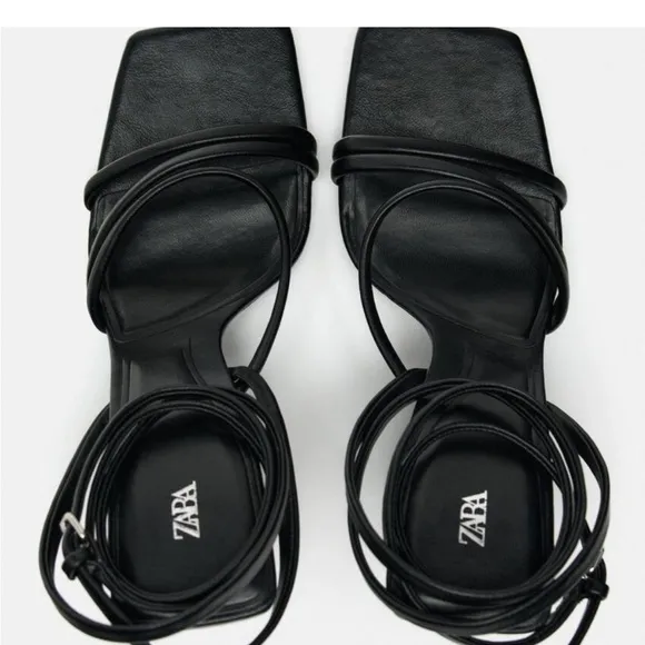 Zara 7.5, black cross strappy square toe high heel sandals.