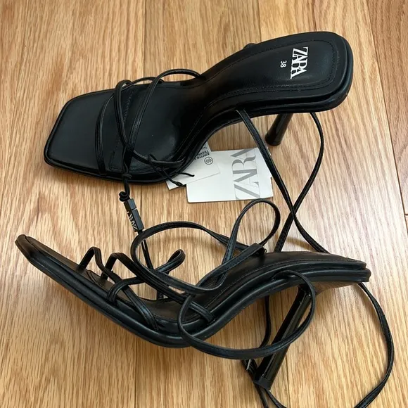Zara 7.5, black cross strappy square toe high heel sandals.
