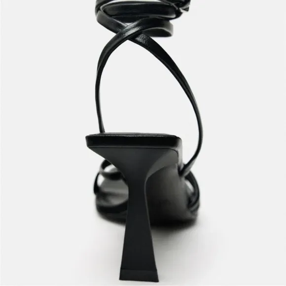 Zara 7.5, black cross strappy square toe high heel sandals.