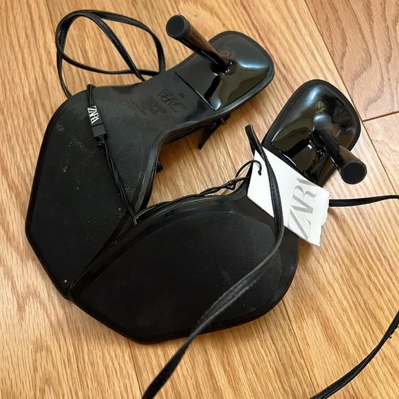 Zara 7.5, black cross strappy square toe high heel sandals.