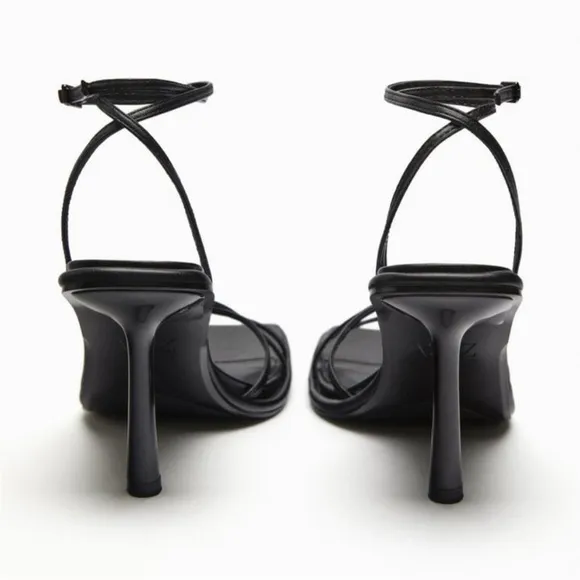 Zara 7.5, black cross strappy square toe high heel sandals.