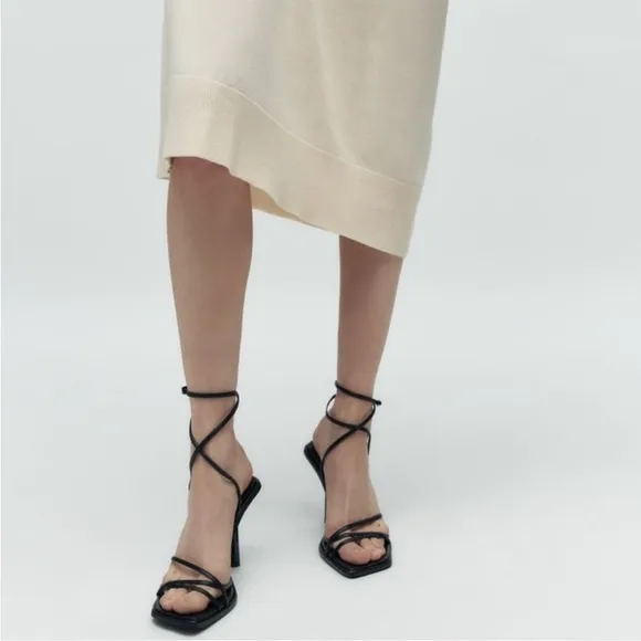 Zara 7.5, black cross strappy square toe high heel sandals.