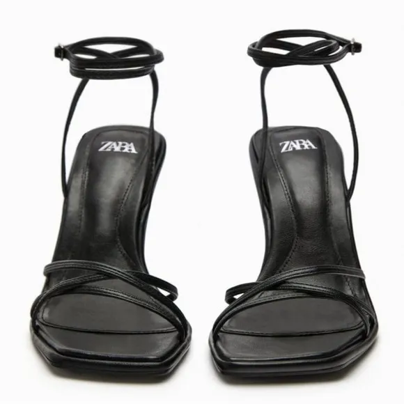 Zara 7.5, black cross strappy square toe high heel sandals.