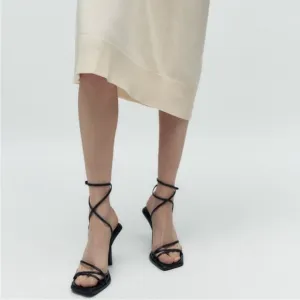 Zara 7.5, black cross strappy square toe high heel sandals.
