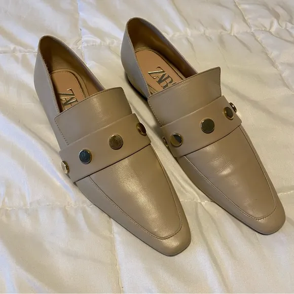 Zara Beige Nude Studded Leather Loafers