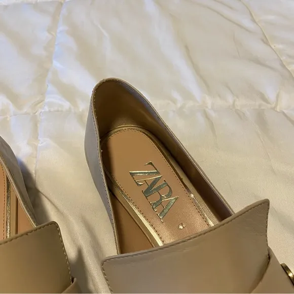 Zara Beige Nude Studded Leather Loafers