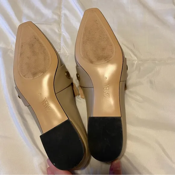 Zara Beige Nude Studded Leather Loafers