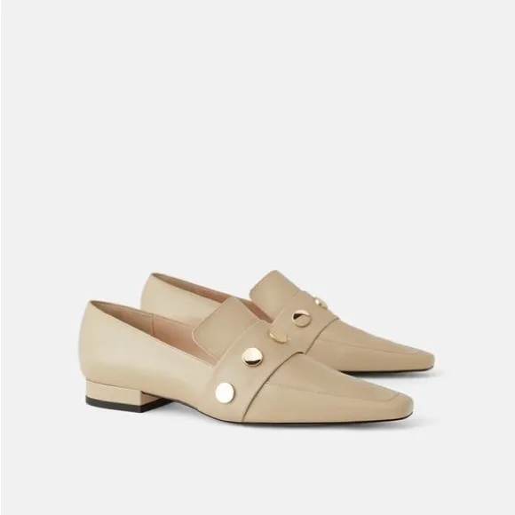 Zara Beige Nude Studded Leather Loafers