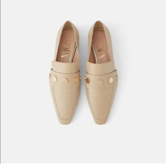 Zara Beige Nude Studded Leather Loafers