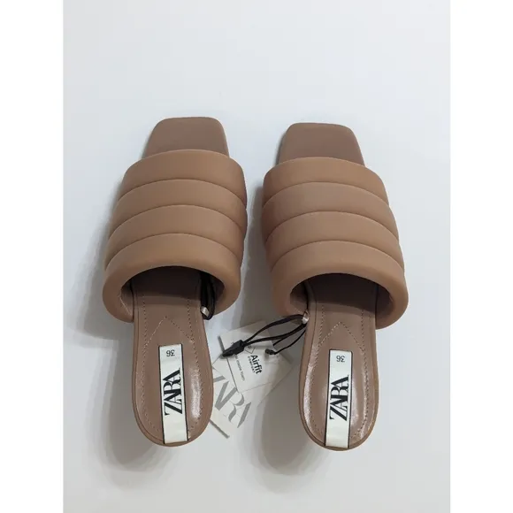 Zara Beige Quilted High Heel Open Toe Mules Sandals Women's Size 6