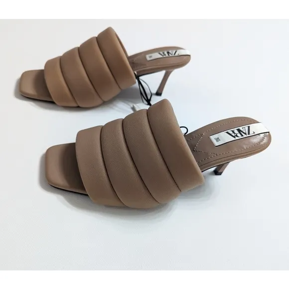 Zara Beige Quilted High Heel Open Toe Mules Sandals Women's Size 6