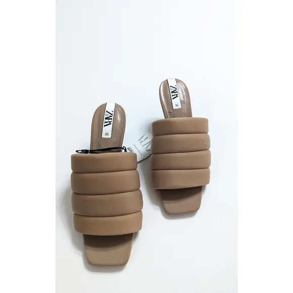 Zara Beige Quilted High Heel Open Toe Mules Sandals Women's Size 6