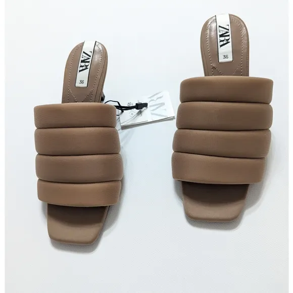 Zara Beige Quilted High Heel Open Toe Mules Sandals Women's Size 6