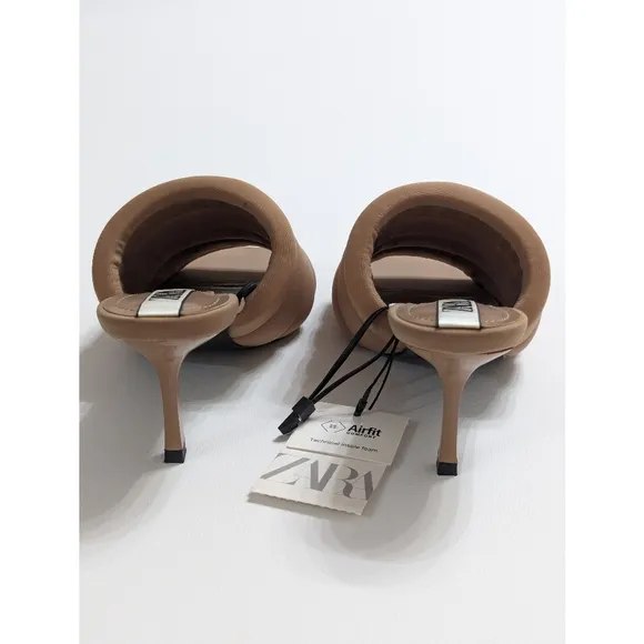Zara Beige Quilted High Heel Open Toe Mules Sandals Women's Size 6