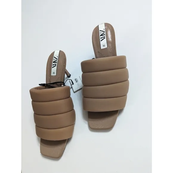 Zara Beige Quilted High Heel Open Toe Mules Sandals Women's Size 6