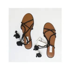 Zara Black Leather Braided Strappy Flat Sandals Size 6.5 US