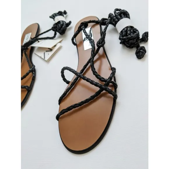 Zara Black Leather Braided Strappy Flat Sandals Size 6.5 US
