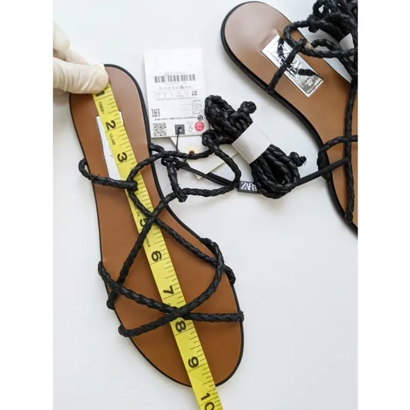 Zara Black Leather Braided Strappy Flat Sandals Size 6.5 US